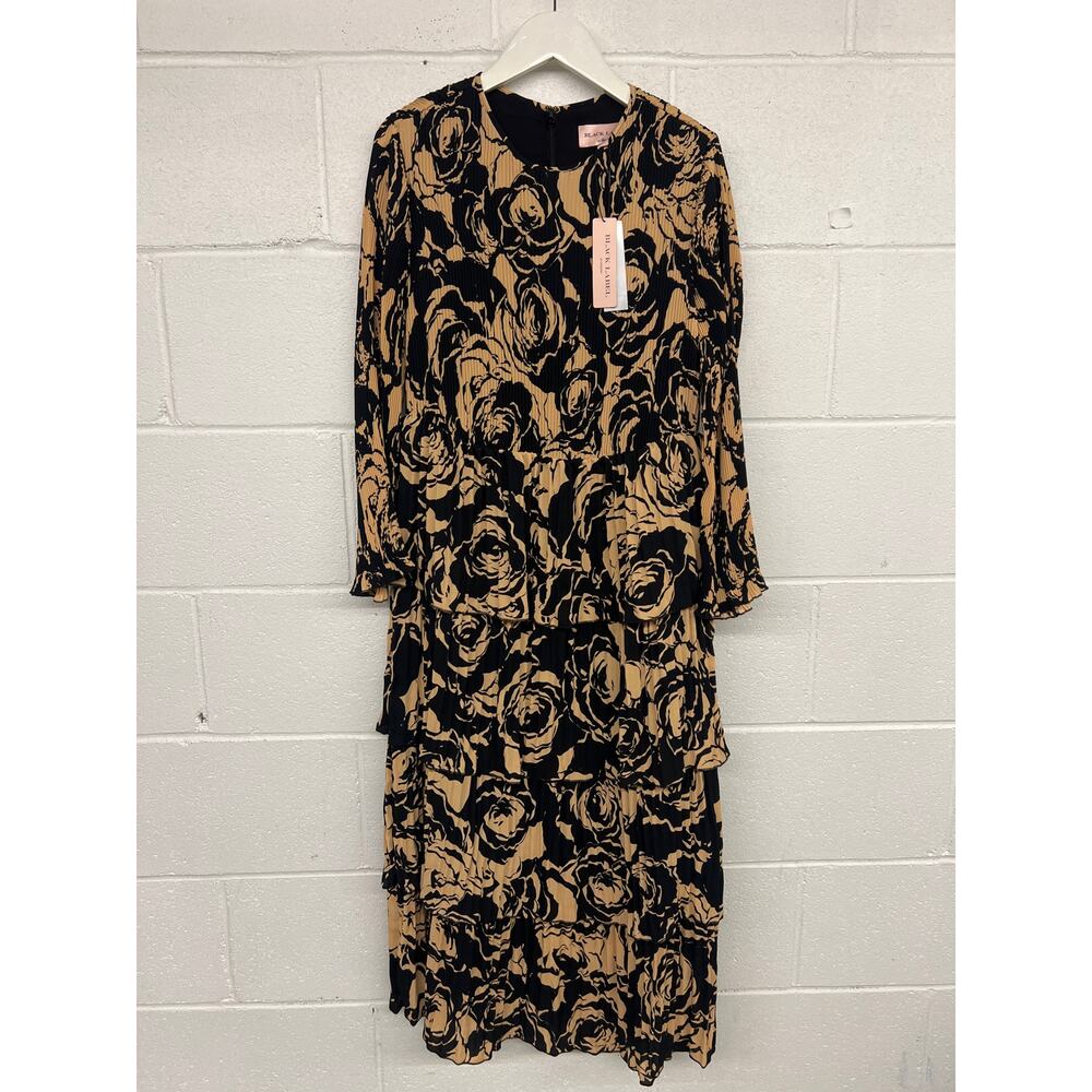 NWT Chico’s Black Label Sz4 Black Tan Floral Pleat Tiered Long Sleeve Midi Dress - Picture 2 of 5